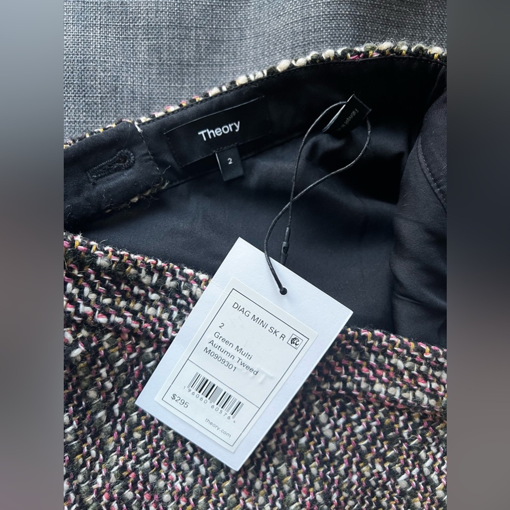 NEW NWT Theory Diagonal Mini Skirt Autumn Tweed Blue Multi Size 2 MSRP $295 - Picture 4 of 5